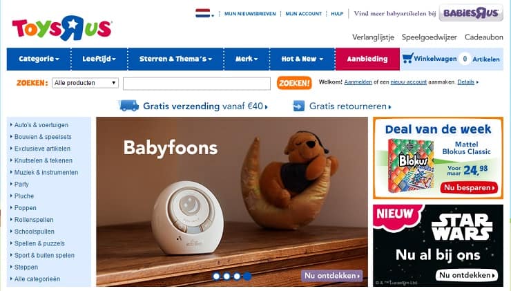 Tros bananen op de homepage van ToysRus