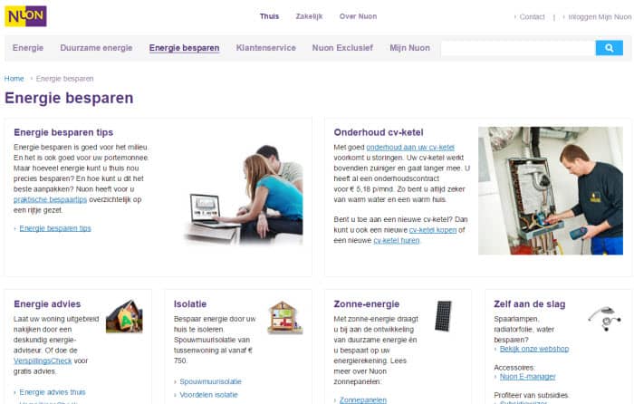 Overzichtspagina op de website van Nuon, in plaats van uitklapmenu of drop down.