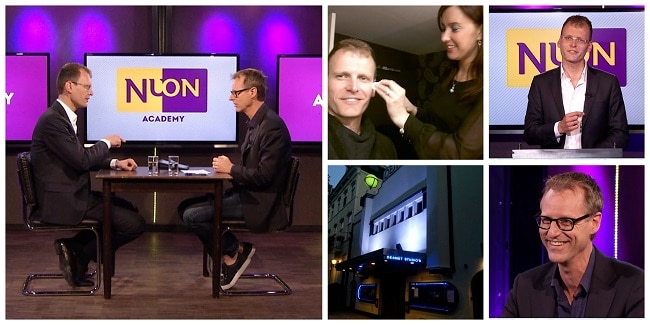 Talkshow vanuit TV-studio Desmet van de Nuon Academy voor ondernemers, met presentator Ronnie Overgoor en gast Aartjan van Erkel